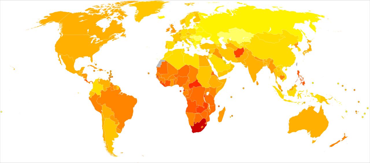 A map of the world with Europe shaded yellow, most of North and South America orange and Southern Africa a dark red