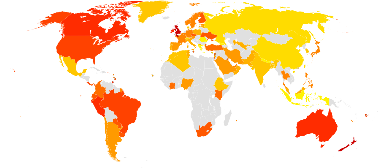 A map of the world with Europe, North America, Australia and much of South America shaded red, much of Asia is yellow, and most of Africa is grey