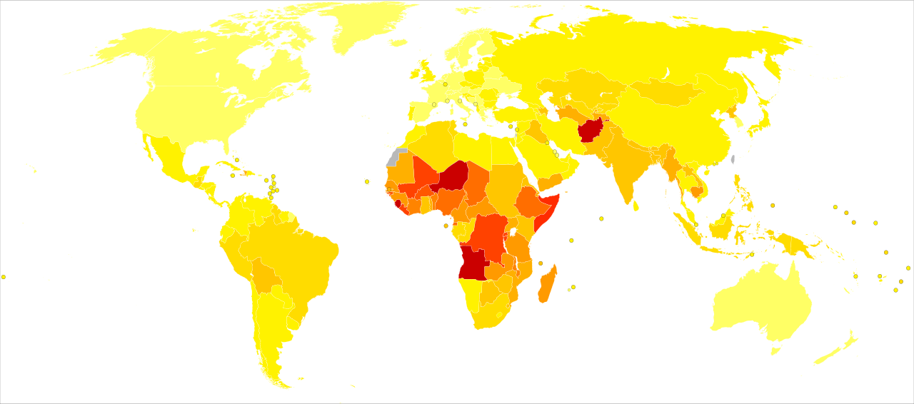 A map of the world with a far bit of dark red in Africa, orange colors in parts of Asia and South America, and yellow in Europe and North America
