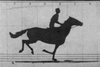 Animace studie koně s jezdcem v pohybu z r. 1878 od Eadwearda Muybridge.